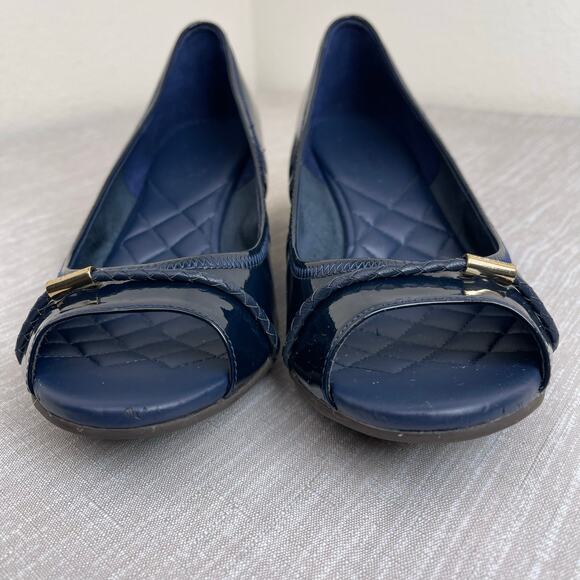 Cole Haan Tali Peep Toe Wedge Navy Patent Leather Bow Quilted Grand OS Women's 8 - Picture 7 of 13